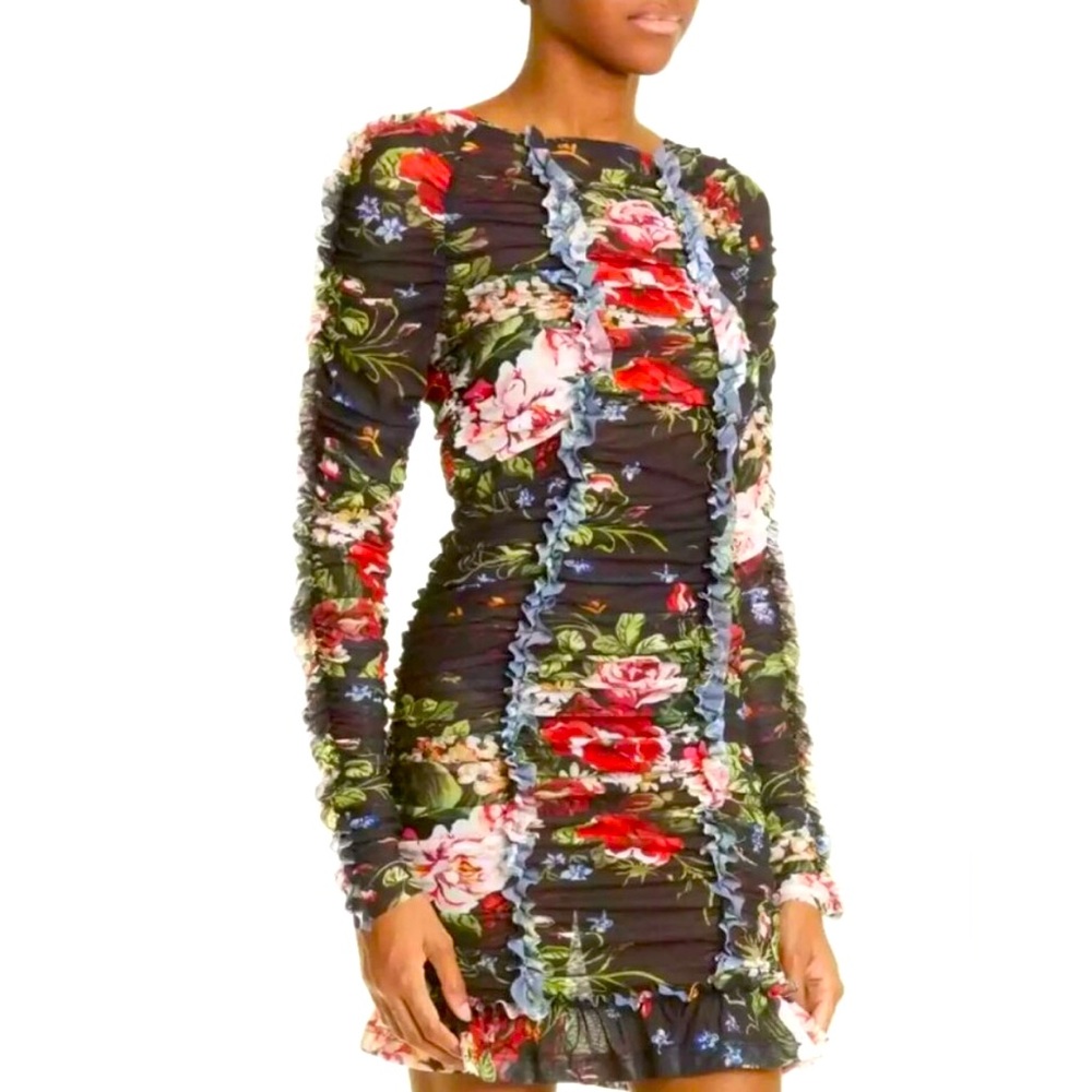 MOLLY GODDARD HARLEY BLACK FLORAL MESH MINI DRESS
